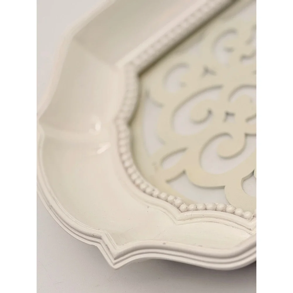 Cream White Metal Scrollwork Mirror Vanity Tray Beaded Edge French Country 15in